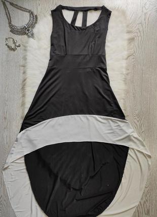 Чорне асиметричне плаття міді зі шлейфом рюшами коротке довге ззаду