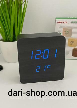 Часы vst-872-5 с будильником от сети и от батареек синие с датчиком температуры