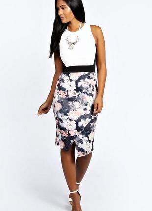 Платье миди по фигуре без рукавов с  цветочным принтом