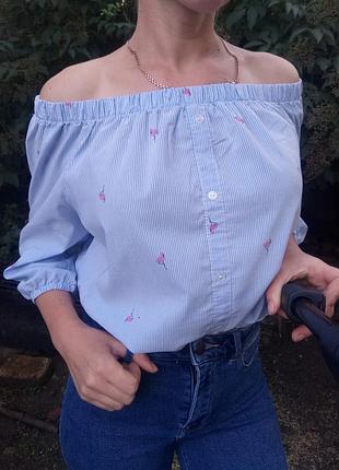 Крутая блуза в полоску с фламинго раз. l