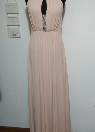 Фирменное, роскошное вечернее длинное пудровое платье с кружевом и открытой спинкой h&m5 фото