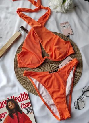 Стильный раздельный купальник оранжевый в рубчик ліф на завязках высокие плавки в рубчик трусики