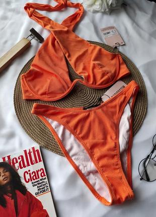 Стильный раздельный купальник оранжевый в рубчик ліф на завязках высокие плавки в рубчик трусики8 фото