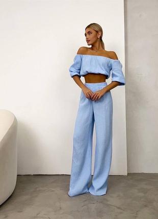 Костюм брючный голубой оливковый белый жёлтый муслин брюки штаны широкие прямые палаццо кофта кроп топ блуза кофточка офисный на выход классический