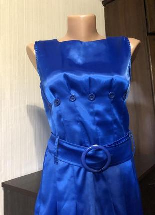 Платье синее электрик с поясом атлас сатиновое ретро винтаж2 фото