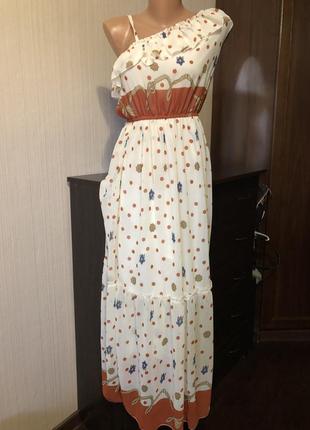 Шифоновый сарафан платье в горох и на одно плечо ретро винтаж