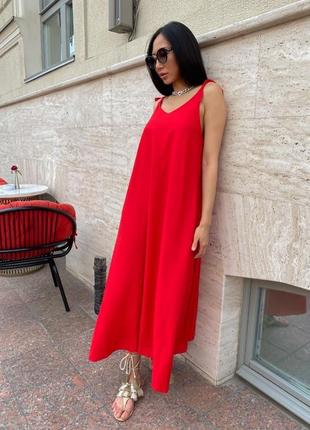 Сарафан свободного кроя с открытой спиной на тонких бретельках льняной расклешенный длинный миди черный красный синий  лен платье для беременных1 фото