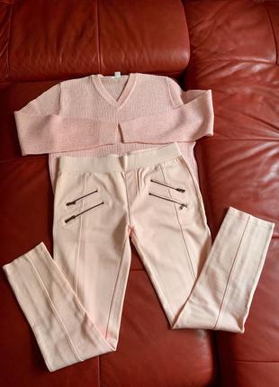 Комплект розовый новый: леггинсы, пуловер вязаный, р.s