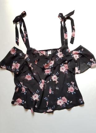 Стильный шифоновый топ в цветочный принт, майка на завязках,блуза с открытыми плечами5 фото