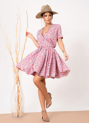 Платье-халат на запах по колено с цветочным принтом 2 цвета1 фото