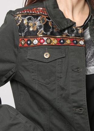 Джинсовая куртка цвета хаки с вышивкой, бохо этно desigual3 фото