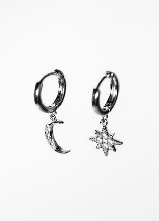 Сережки місяць і зірка, сережки срібло 925, сережки кільця, сережки трендові3 фото