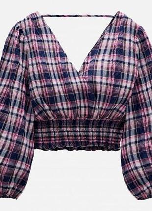 Стильный укороченный топ блуза коттон с актуальным объемным рукавом zara, размер xs/s