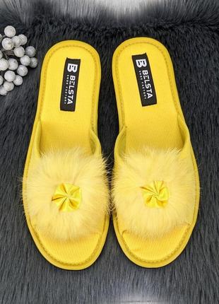 Тапочки женские белста желтые вельветовые на танкетке открытый носок 28506 фото