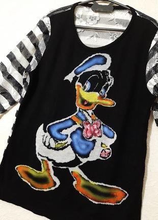 Стильна кофта жіноча чорна біла в смужку трикотажна спинка, мереживні рукави, перед кофтинки подвійний, кардиган лонгслив бренд disney