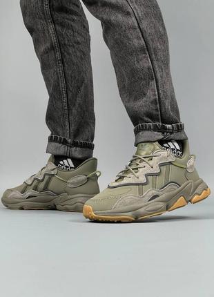 🥝 мускулистые кроссовки adidas ozweego khaki мясные хаки бежевые светоотражающие полосы отражают