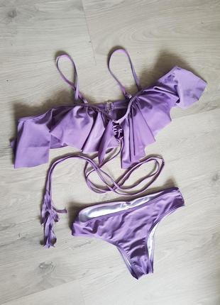 Шикарный лиловый раздельный купальник с рышем спущеными плечами и шнуровкой4 фото