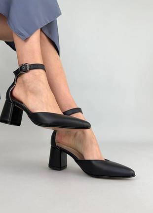 Стильные туфли на каблуке черные на средние каблуке, кожаные/кожа женская обувь на лето 2023-20247 фото