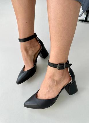 Стильные туфли на каблуке черные на средние каблуке, кожаные/кожа женская обувь на лето 2023-20241 фото