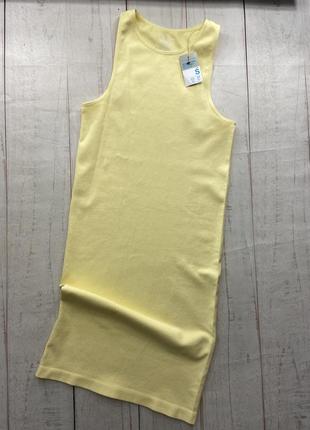 Желтое мягкое платье майка в рубчик, платье резинка, миди длина сарафан