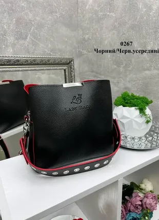 Чорна з червоним краєм — сумка lady bags на три відділення з двома знімними ременями3 фото