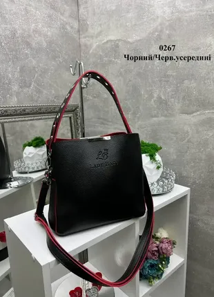 Чорна з червоним краєм — сумка lady bags на три відділення з двома знімними ременями1 фото