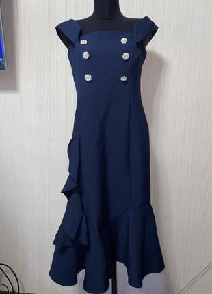 Шикарное темно синее платье миди с пуговицами камнями