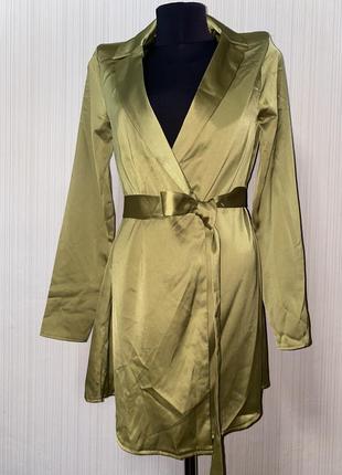 Хаки оливка сатиновое платье мини пиджак2 фото