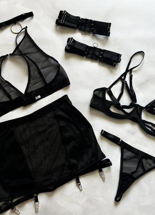 Комплект сексуального белья прозрачного черного юбка топ сетка лиф с косточками трусики чокер