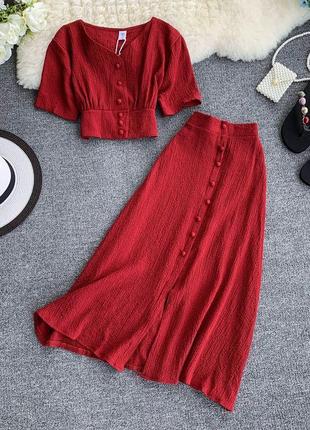 Женский костюм, топ и юбка, костюм красный, юбка миди + топ1 фото