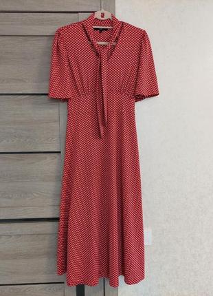 Красное платье миди, а-силуэта, с v-образной горловиною с завяскамт спереди next( размер 10)6 фото