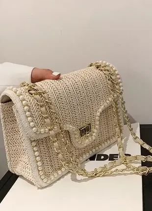 Модна жіноча солом'яна сумка клатч із намистинами міні плетена сумочка