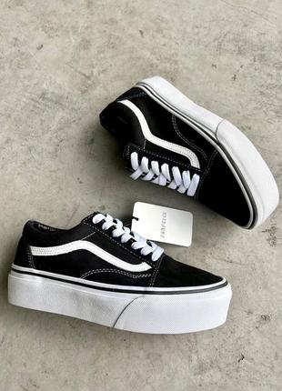 Шикарные женские кеды на платформе vans old skool platform black premium чёрные с белым