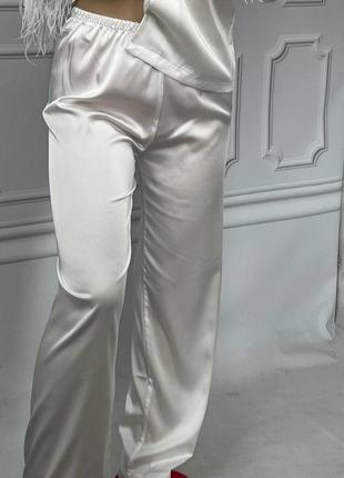 Роскошная шелковая пижама с перьями белая айвори молочная классическая рубашка брюки8 фото
