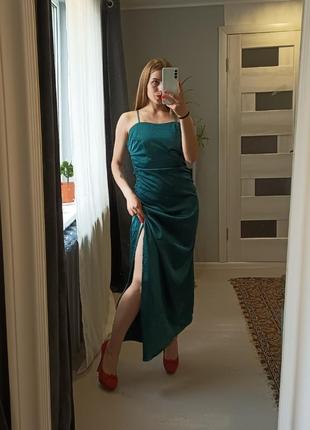 Вечернее платье комбинация на бретелях разрез по ноге7 фото