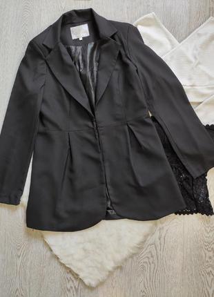 Черный пиджак жакет удлиненный двубортный легкий с плечиками короткий длинный нарядный
