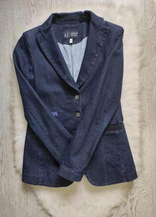 Синий джинсовый короткий пиджак жакет с воротником карманами полосками женский армани armani5 фото