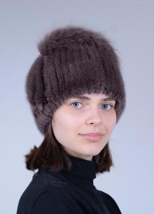 Женская вязаная норковая шапка с помпоном2 фото