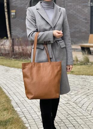 Кожаная карамельная сумка-шоппер на молнии, италия2 фото