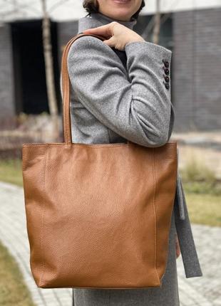 Кожаная карамельная сумка-шоппер на молнии, италия3 фото
