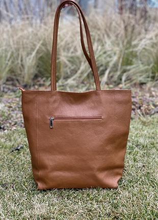 Кожаная карамельная сумка-шоппер на молнии, италия4 фото