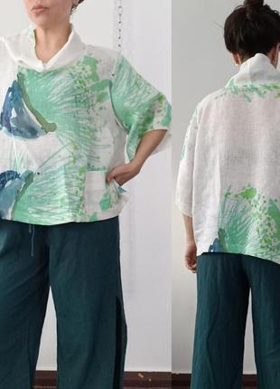 Льняная блуза в акварельных цветах с коротким рукавом 100% лён hopsack, one size2 фото
