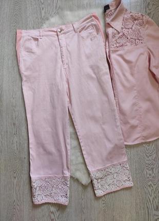 Розовые джинсы прямые широкие стрейч хлопок вышивкой высокая талия посадка батал