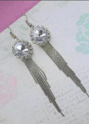 Серьги длин подвески страз камушки кульчики бижутер цепоч праздн украшен нарядн стильные серёжки люстры 4