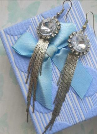 Серьги длин подвески страз камушки кульчики бижутер цепоч праздн украшен нарядн стильные серёжки люстры 3