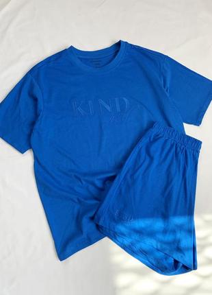 Пижама, пижамный комплект, футболка и шорты, синяя, синий