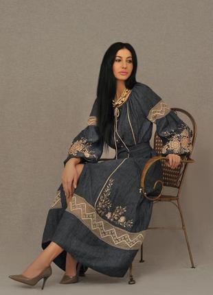Льняна сукня з ручною вишивкою «етно-джинс»8 фото