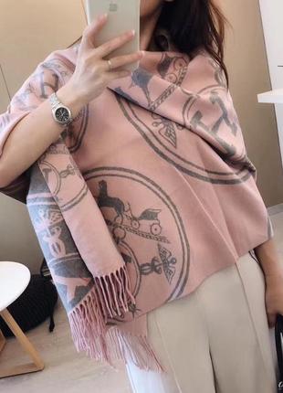 Теплый шарф палантин платок в стиле hermes гермес серо-розовый2 фото