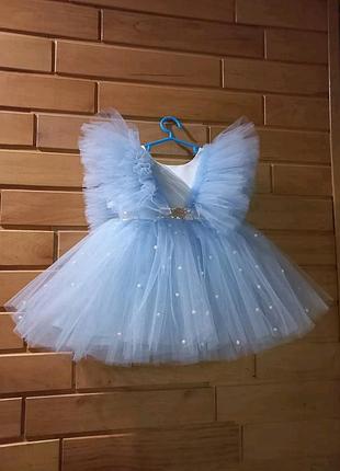 Голубое платице с жемчугом  от 1 года и больше