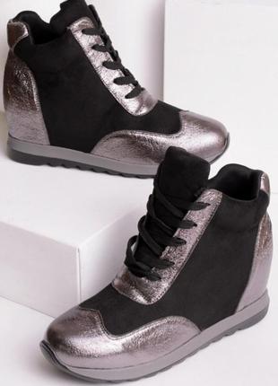Стильные осенние демисезонные серебристые черные ботинки сникерсы кроссовки2 фото
